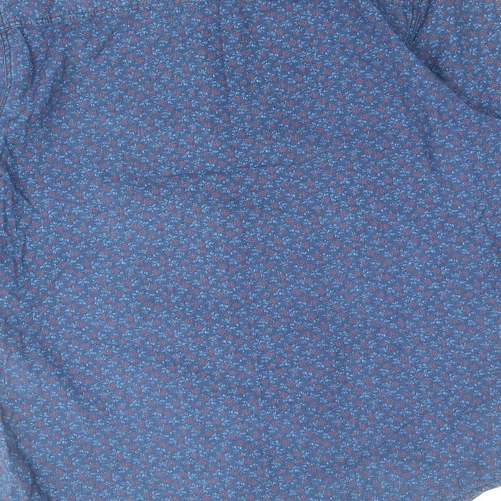 Max Mens Blue Floral Cotton Button-Up Size S Round Neck Button