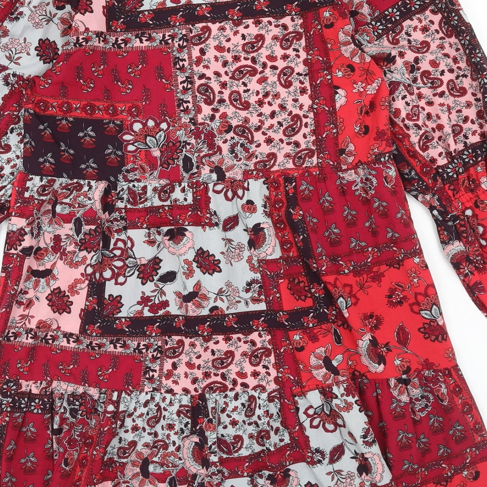 Violet Romance Womens Red Floral Polyester A-Line Size 8 V-Neck Pullover - Patchwork