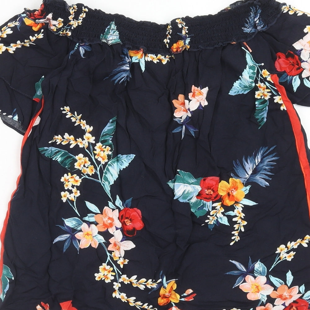 Dorothy Perkins Womens Blue Floral Viscose Basic Blouse Size 8 Boat Neck