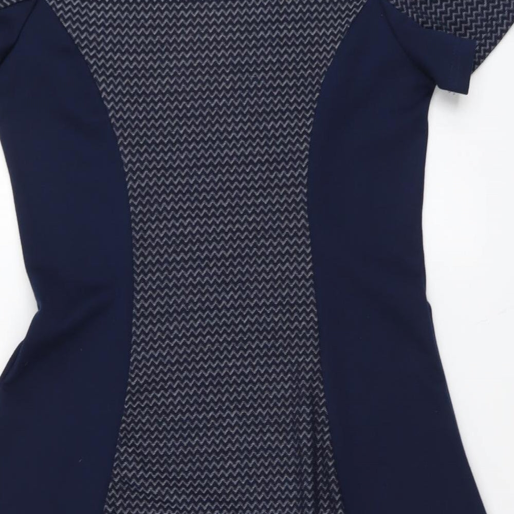 Izabel Womens Blue Geometric Polyester Fit & Flare Size 14 Round Neck Pullover