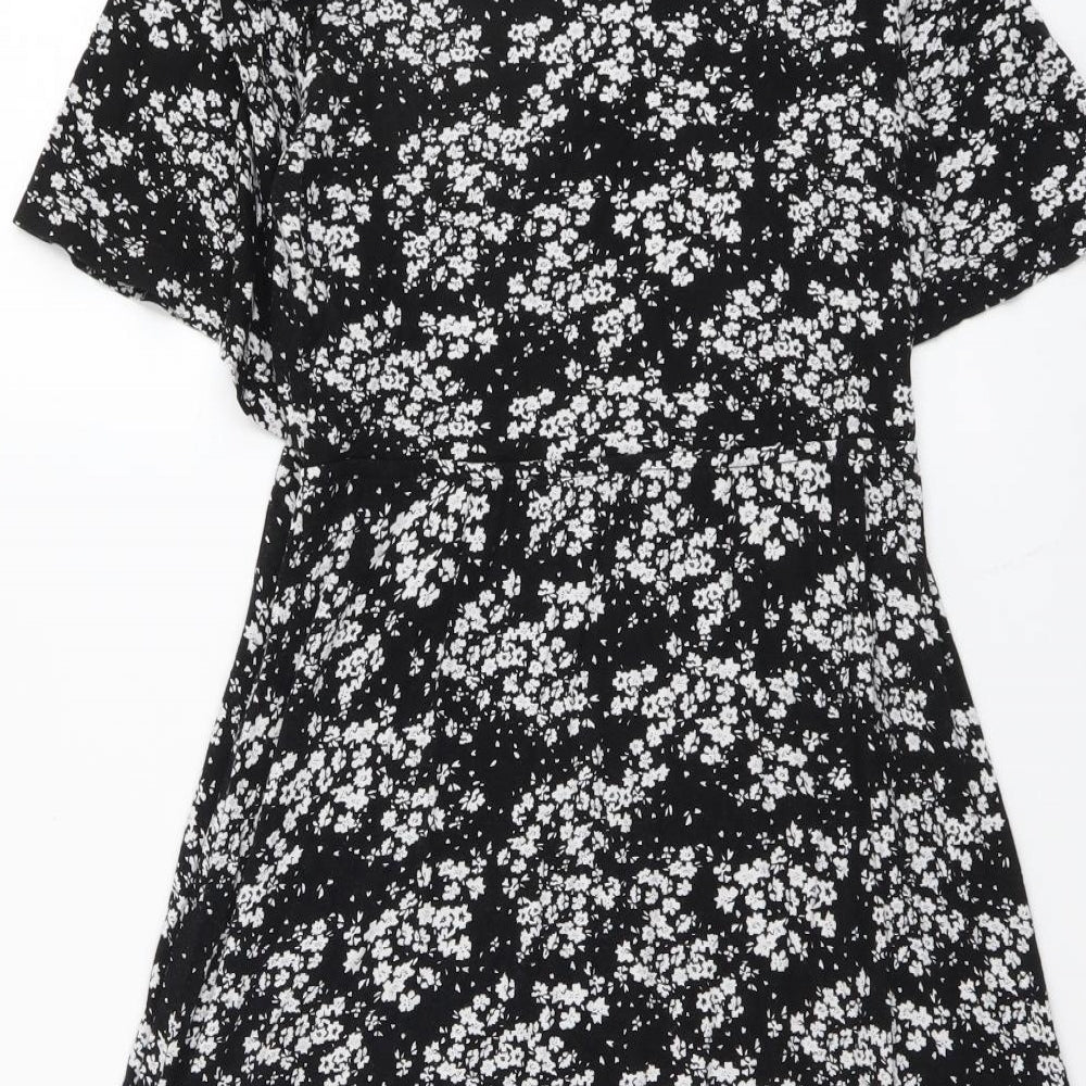 Peacocks Womens Black Floral Viscose A-Line Size 10 Mock Neck Button