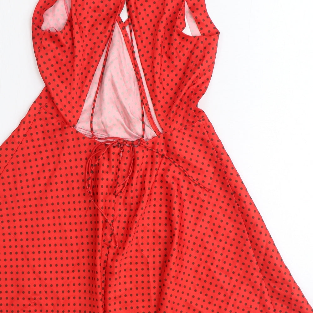 Zara Womens Red Polka Dot Polyester Fit & Flare Size S V-Neck Zip