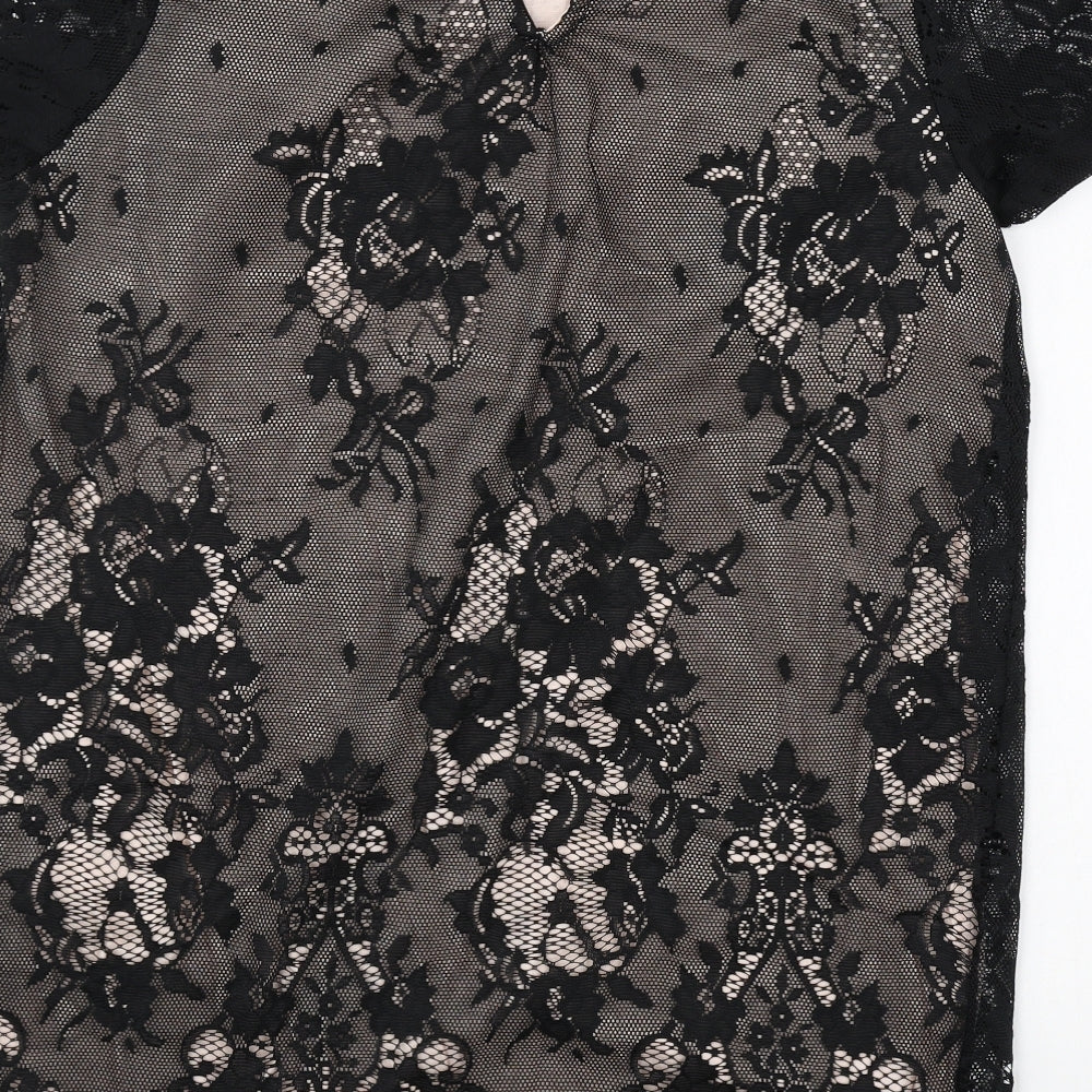 NEXT Womens Black Floral Polyester Basic T-Shirt Size 10 Round Neck - Lace Overlay
