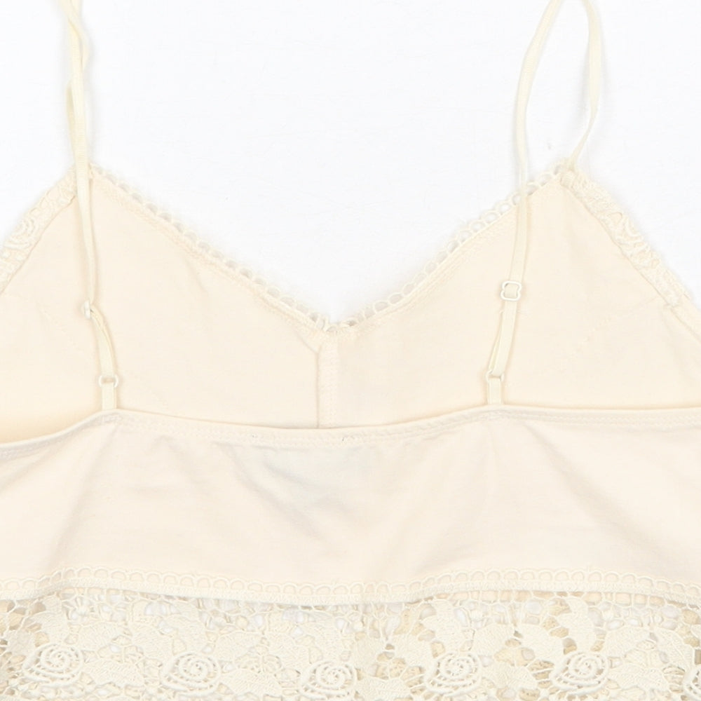 Topshop Womens Beige Cotton Cropped Tank Size 10 V-Neck - Lace Detail