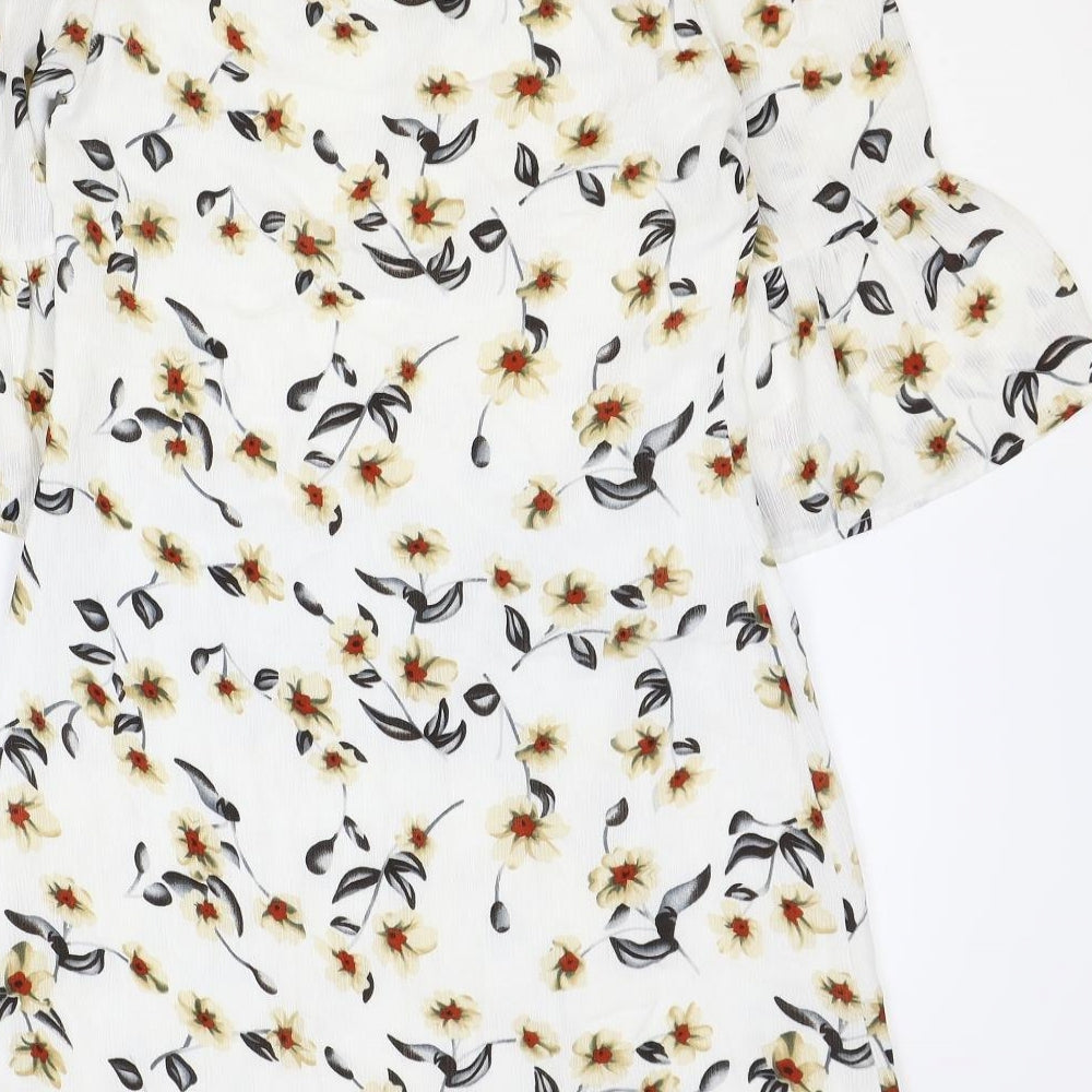 Iska Womens White Floral Polyester Shift Size 8 Round Neck Zip