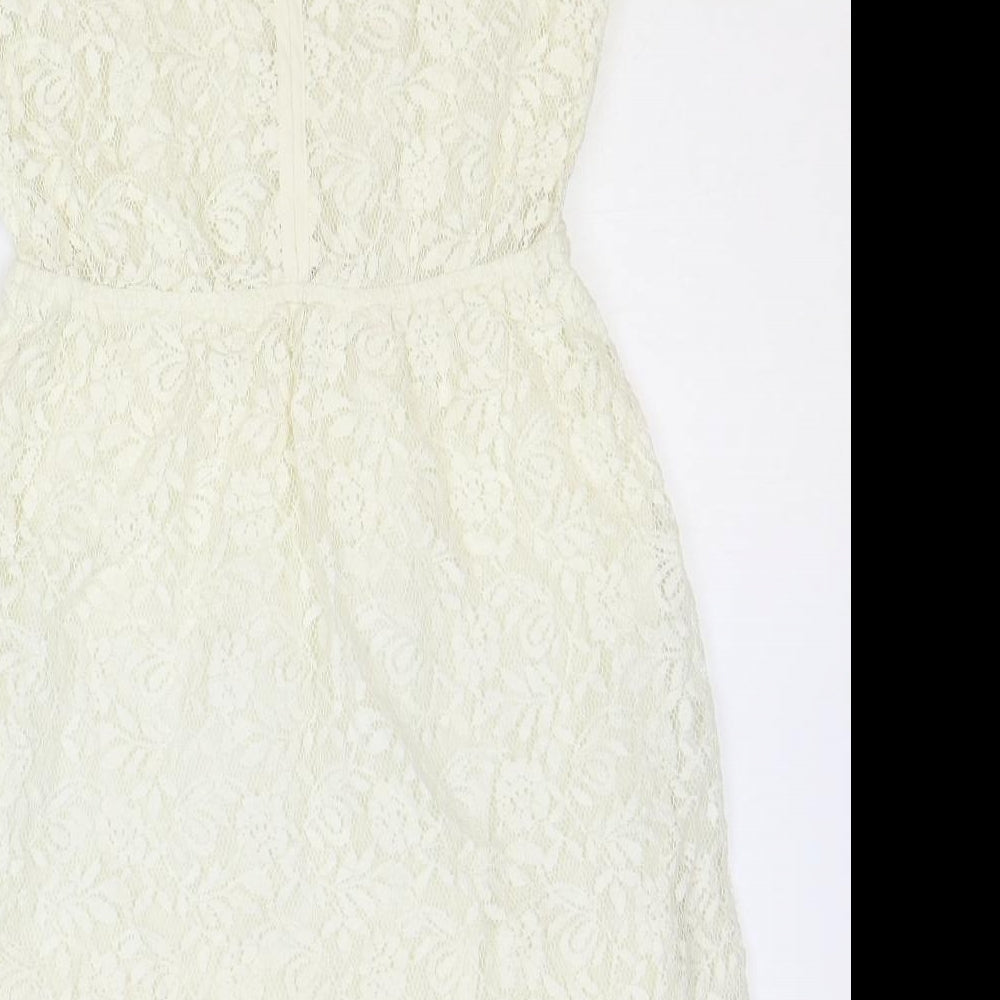 Zara Womens Ivory Floral 100% Cotton Fit & Flare Size S Scoop Neck Button