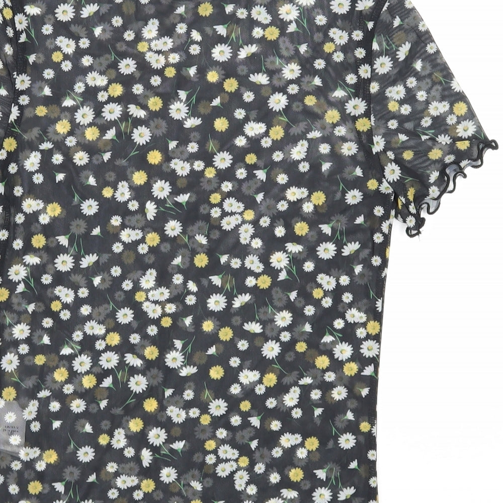 New Look Womens Black Floral Polyester Basic T-Shirt Size 8 Scoop Neck - Daisy