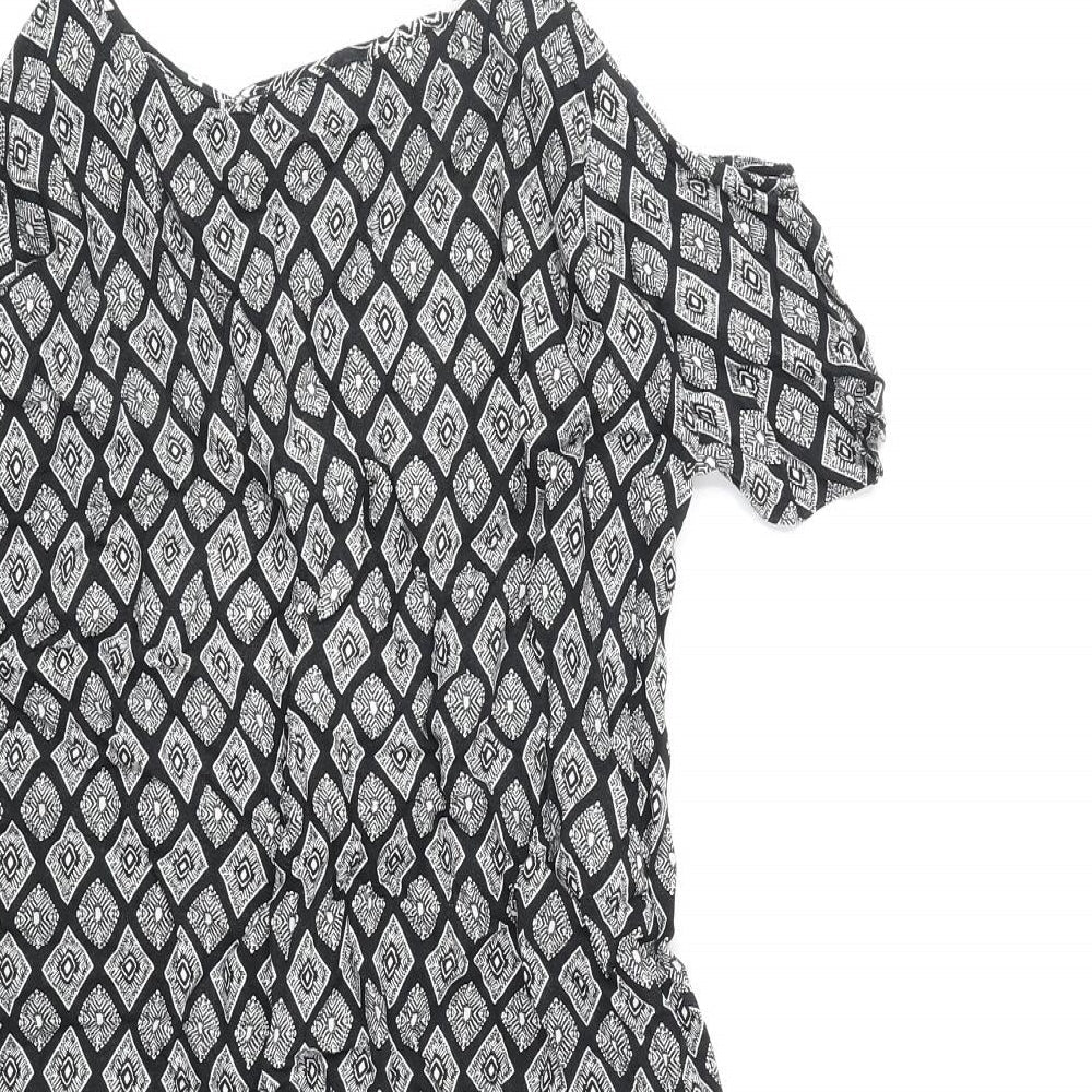 Papaya Womens Black Geometric Polyester Shift Size 8 V-Neck Pullover - Cold Shoulder