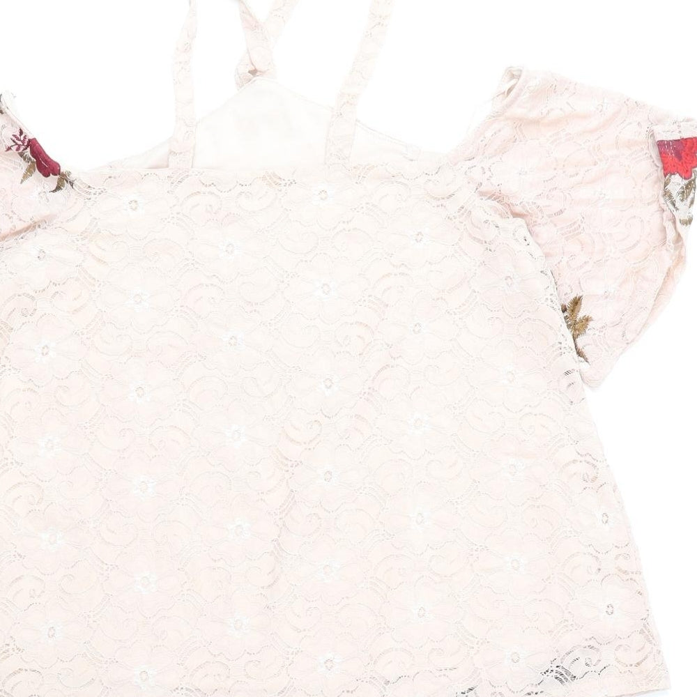 River Island Womens Beige Floral Nylon Basic Blouse Size 10 Off the Shoulder - Lace Overlay Cold Shoulder
