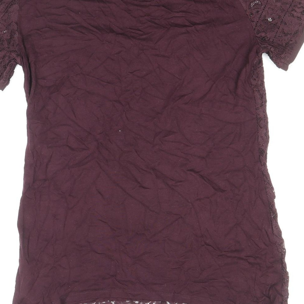 Dorothy Perkins Womens Purple Floral Polyamide Basic T-Shirt Size 10 Round Neck - Lace Overlay