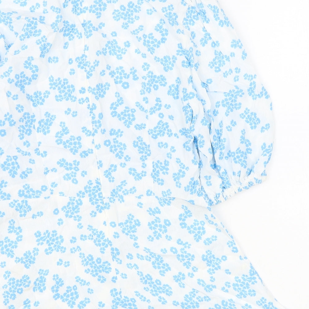 Marks & Spencer Womens Blue Floral Polyester Basic Blouse Size 8 Round Neck
