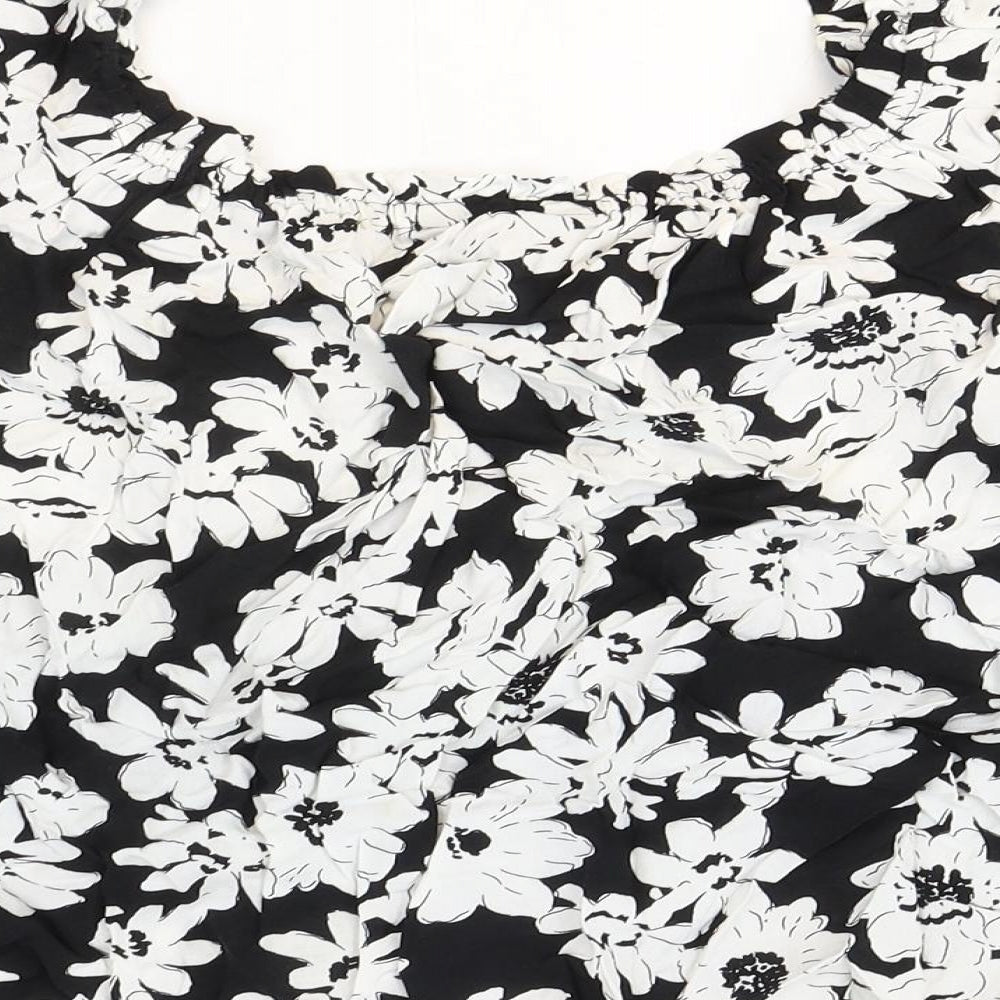 Marks & Spencer Womens Black Floral Viscose Basic Blouse Size 14 Square Neck