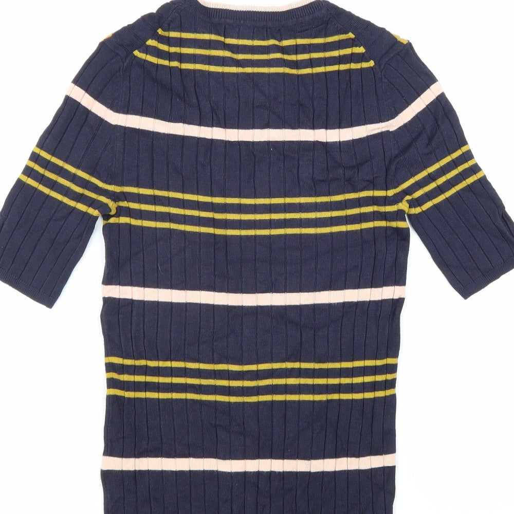 Marks & Spencer Collection Womens Blue Striped Viscose Basic T-Shirt Size 6 Round Neck