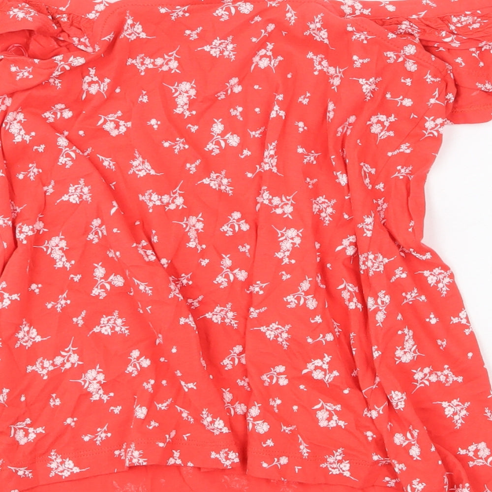 Marks & Spencer Womens Red Geometric 100% Cotton Basic Blouse Size 8 Off the Shoulder