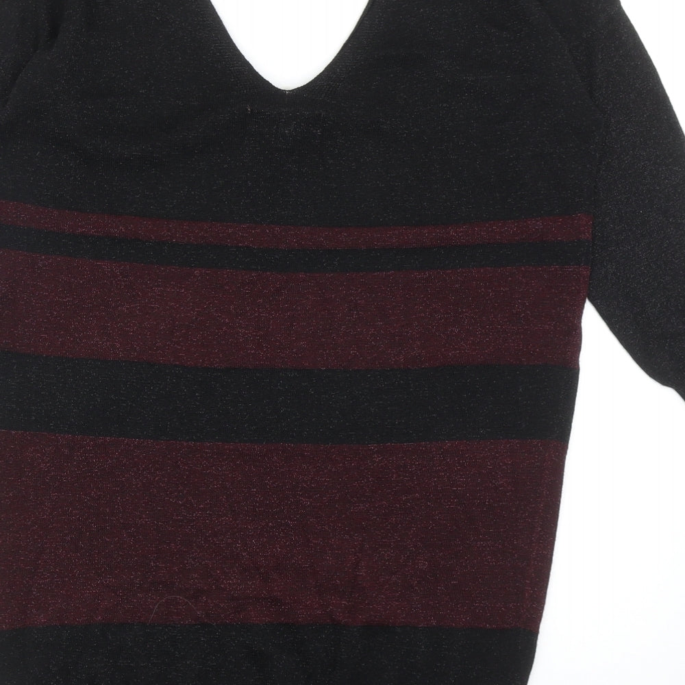 NEXT Womens Black V-Neck Striped Viscose Pullover Jumper Size 8