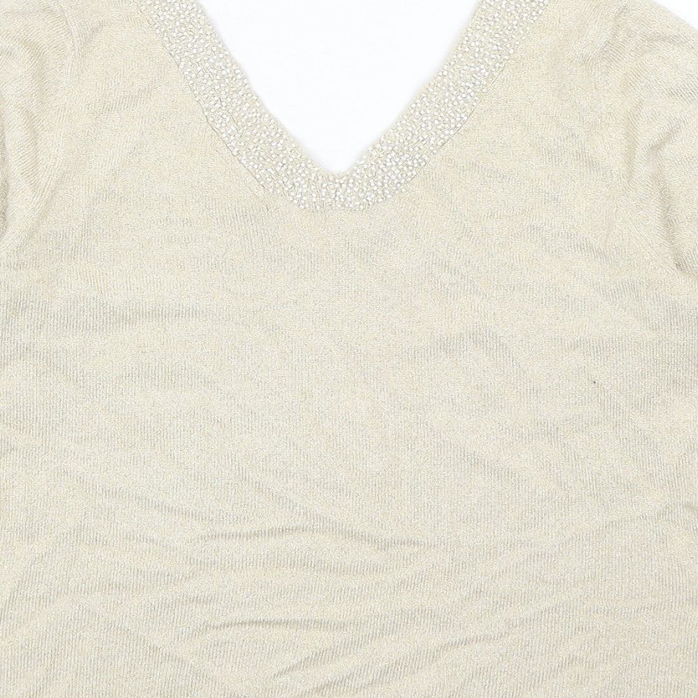 Minuet Womens Beige V-Neck Viscose Pullover Jumper Size 8