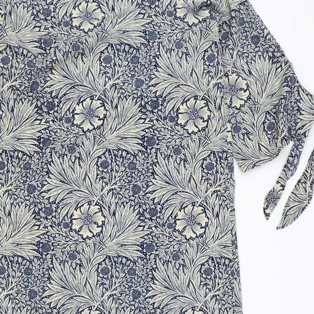 H&M Womens Blue Floral Polyester Shift Size 8 Boat Neck Pullover - Wide Sleeves Tie Detail