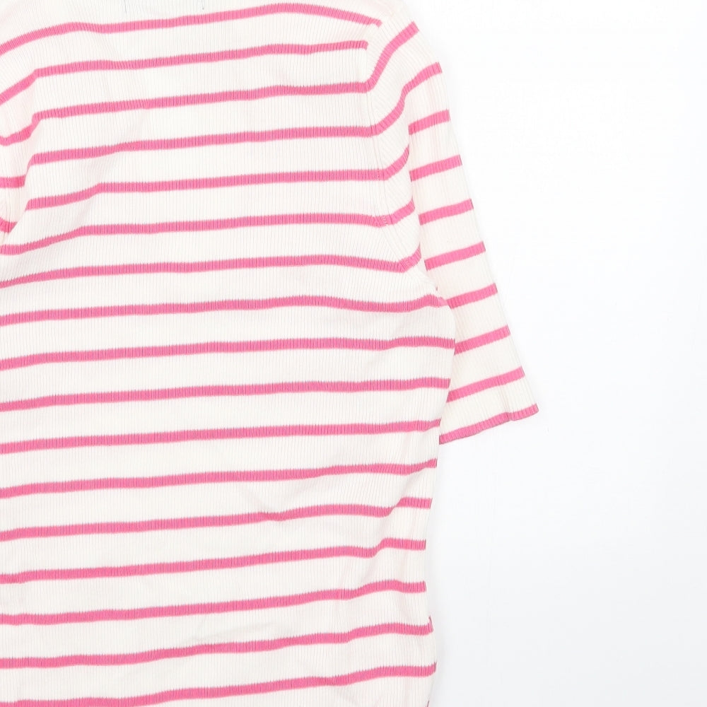 Marks & Spencer Womens White V-Neck Striped Acrylic Pullover Jumper Size M