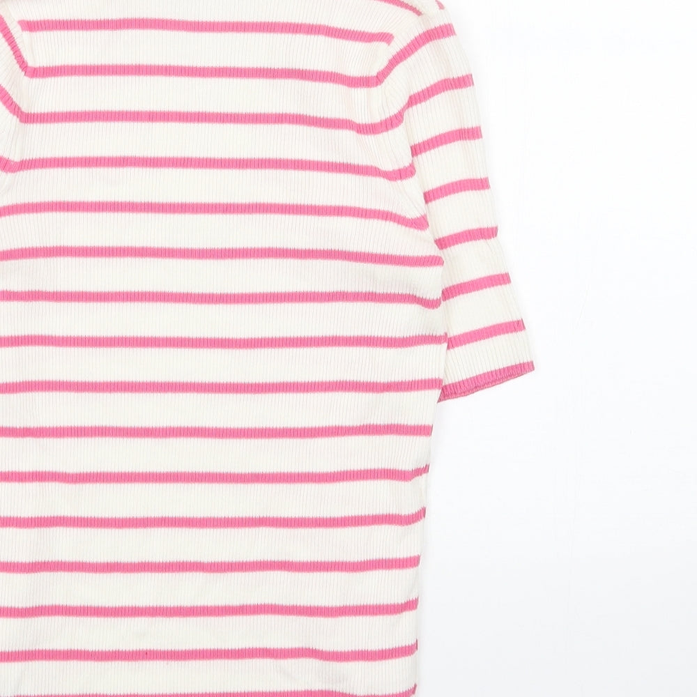 Marks & Spencer Womens White Collared Striped Cotton Pullover Jumper Size XS