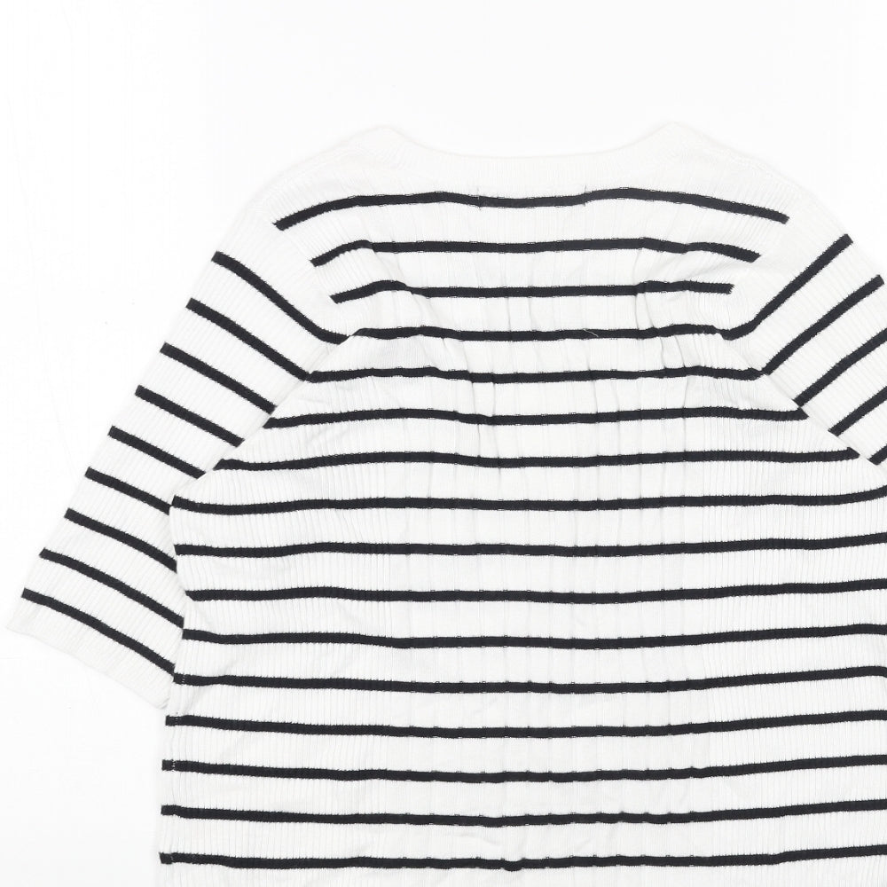 Marks & Spencer Womens White Scoop Neck Striped Cotton Pullover Jumper Size M - Ribbed