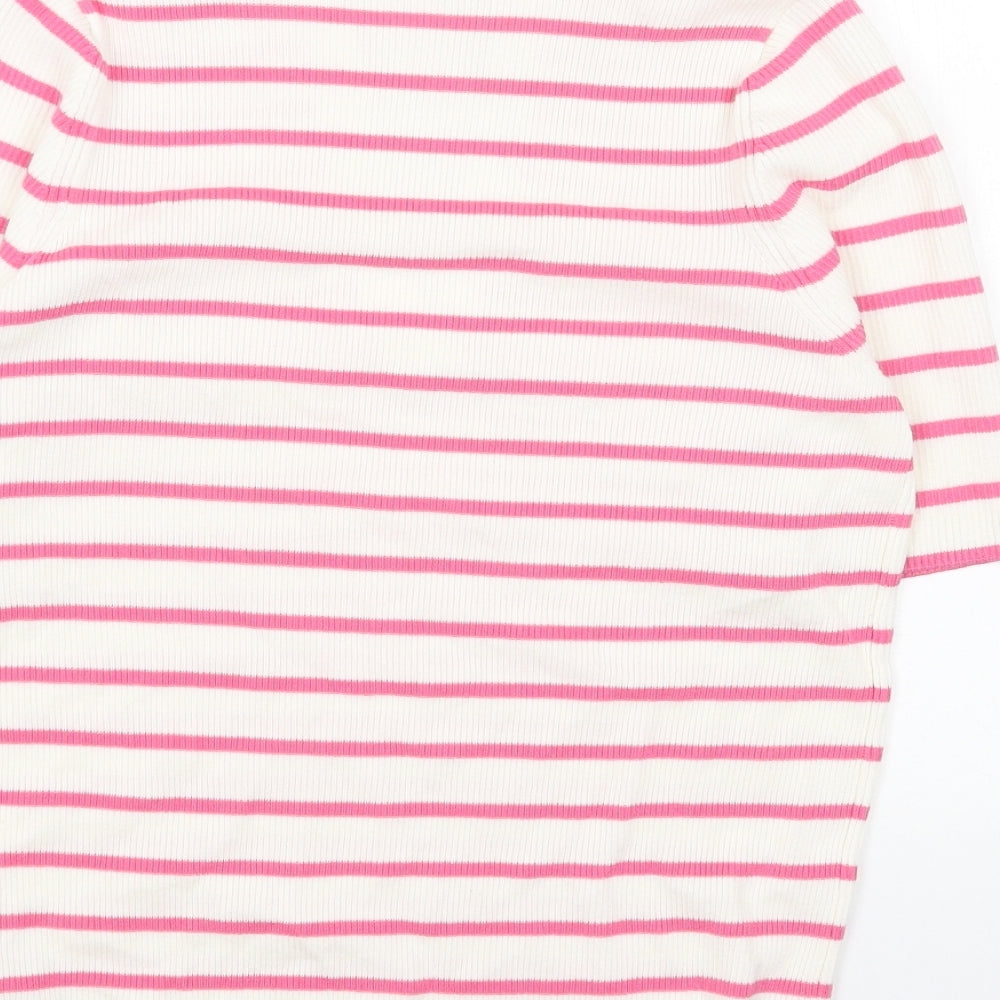 Marks & Spencer Womens Pink Collared Striped Cotton Pullover Jumper Size M - Ribbed Polo