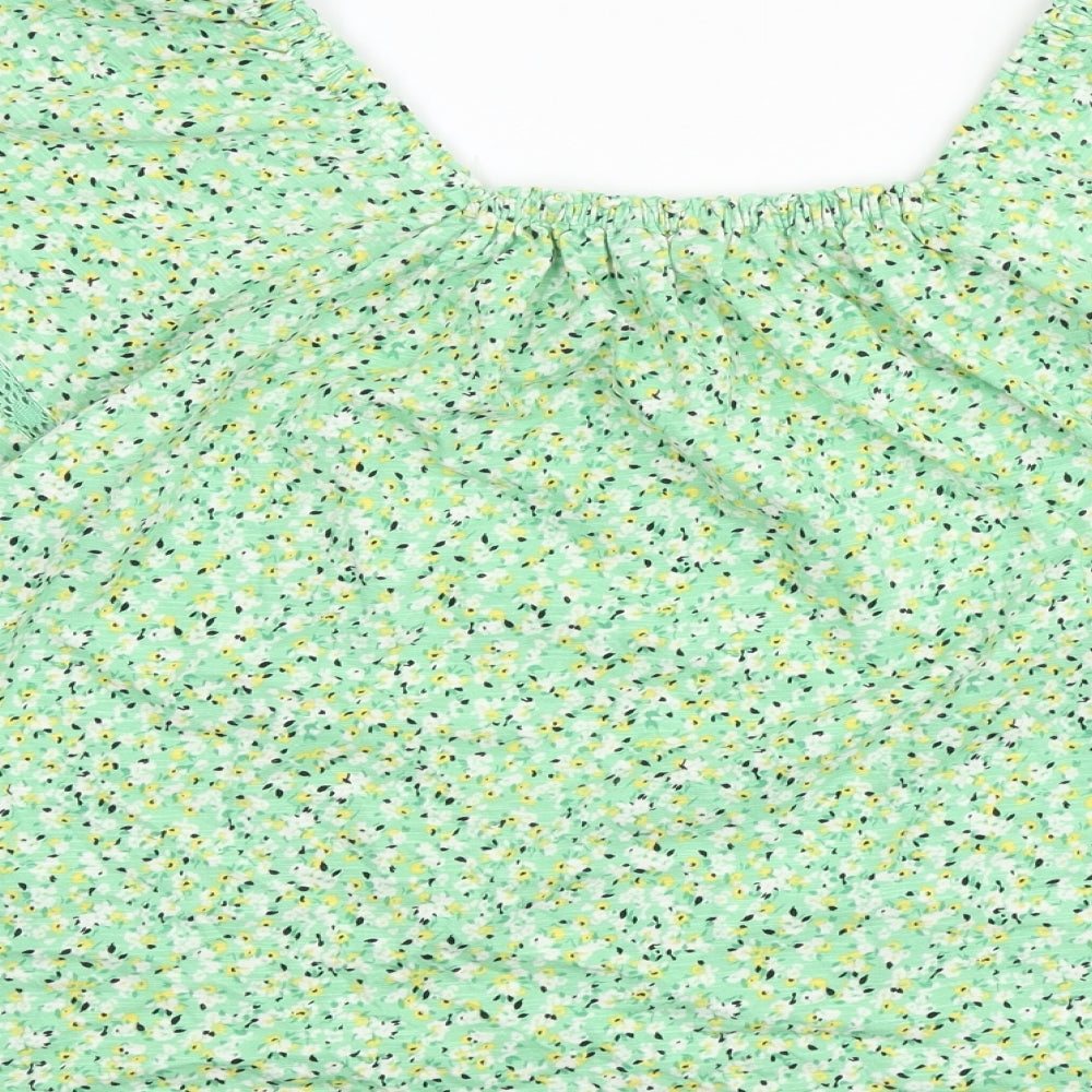 Marks & Spencer Womens Green Floral Viscose Cropped Blouse Size 16 Round Neck