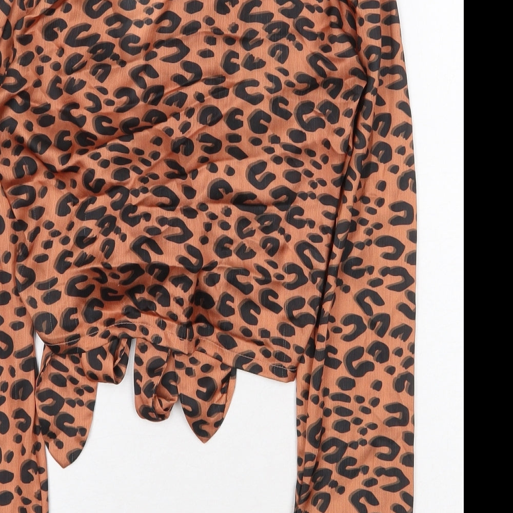 Nasty Gal Womens Orange Animal Print Polyester Basic Blouse Size 6 V-Neck
