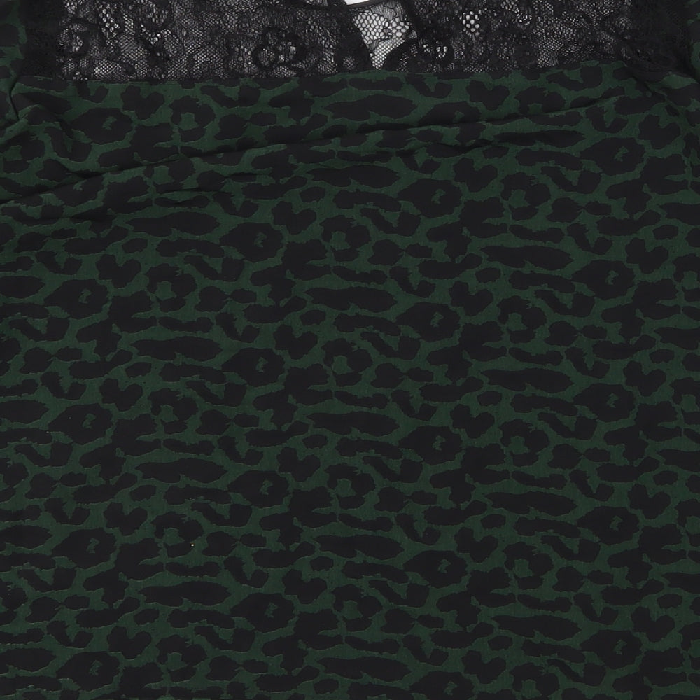 Preworn Womens Green Animal Print Polyester Basic Blouse Size L Round Neck - Lace Detail Leopard Print