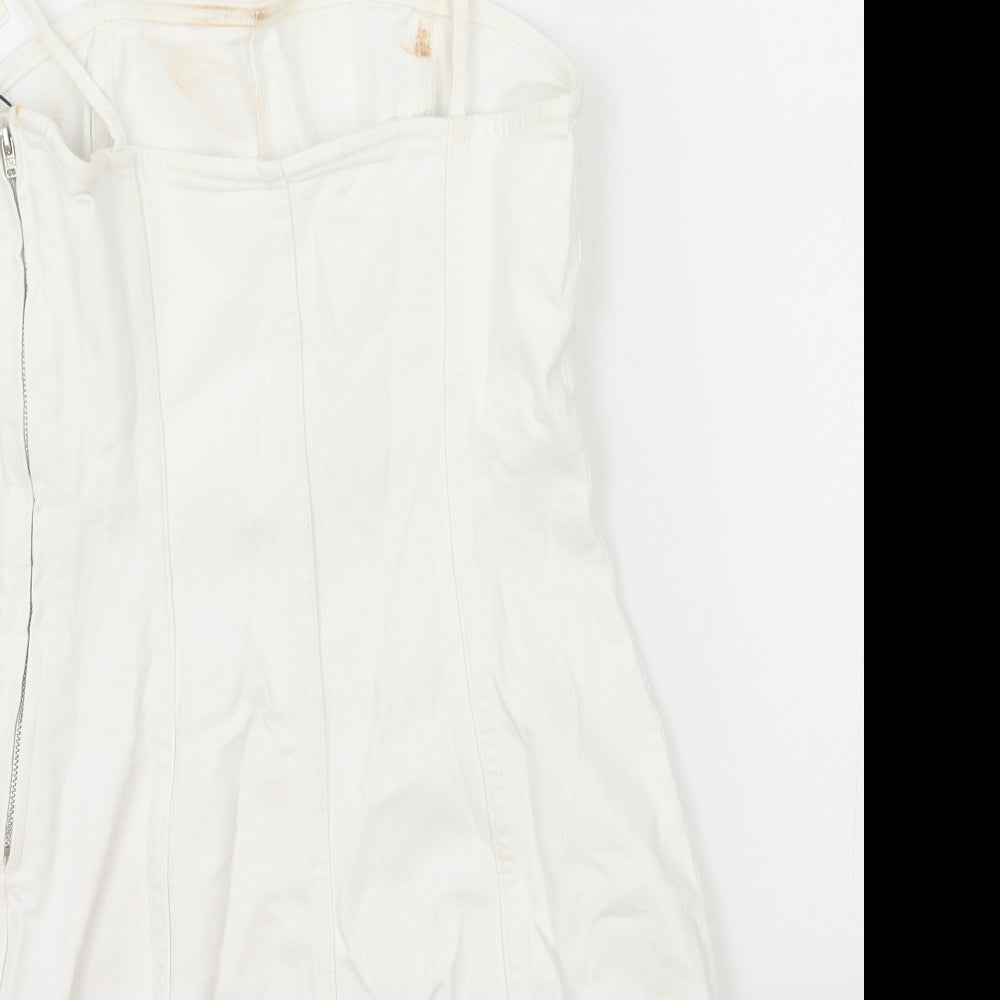 Zara Womens White Cotton Mini Size S Square Neck Zip