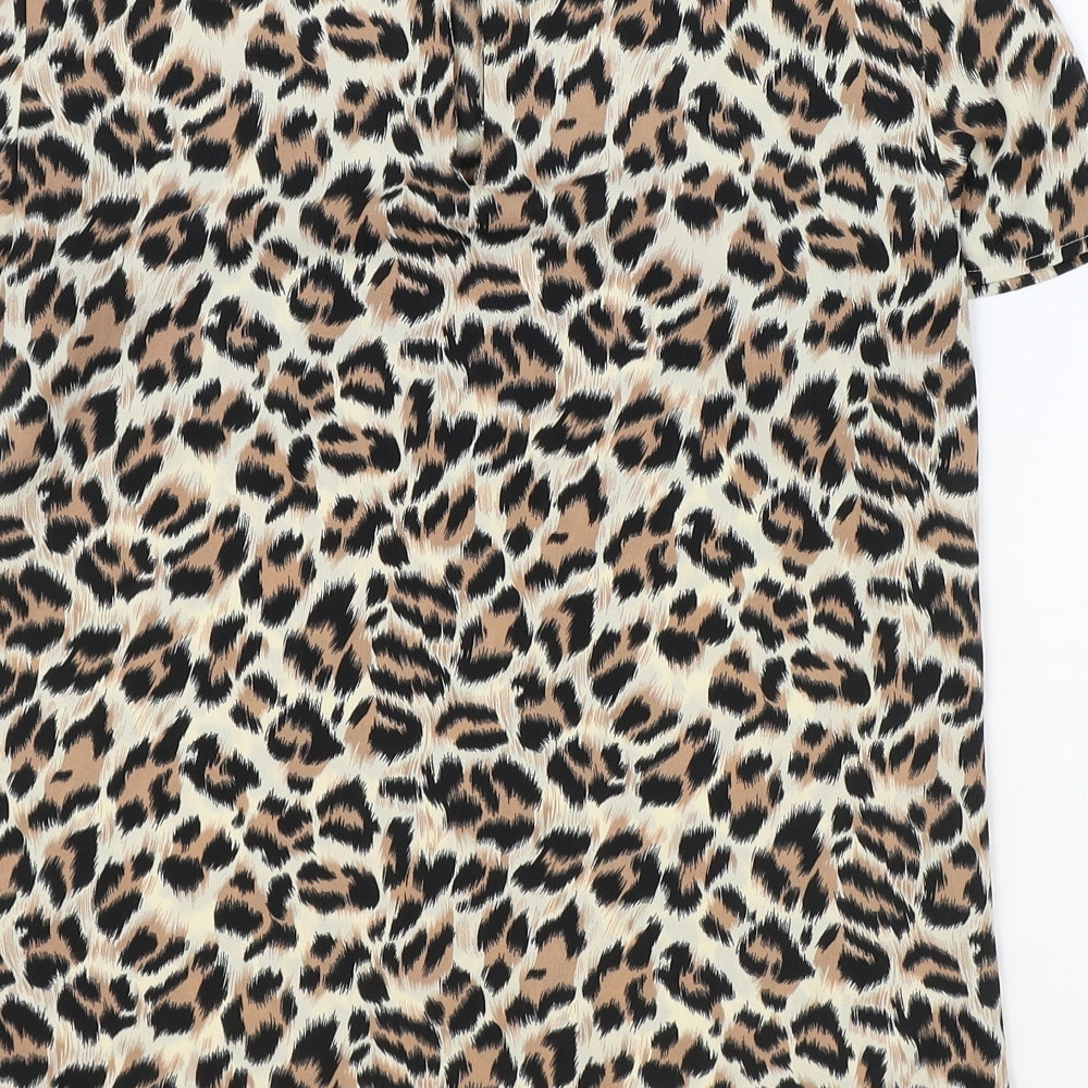 Oasis Womens Brown Animal Print Polyester Basic T-Shirt Size 6 Round Neck - Leopard print
