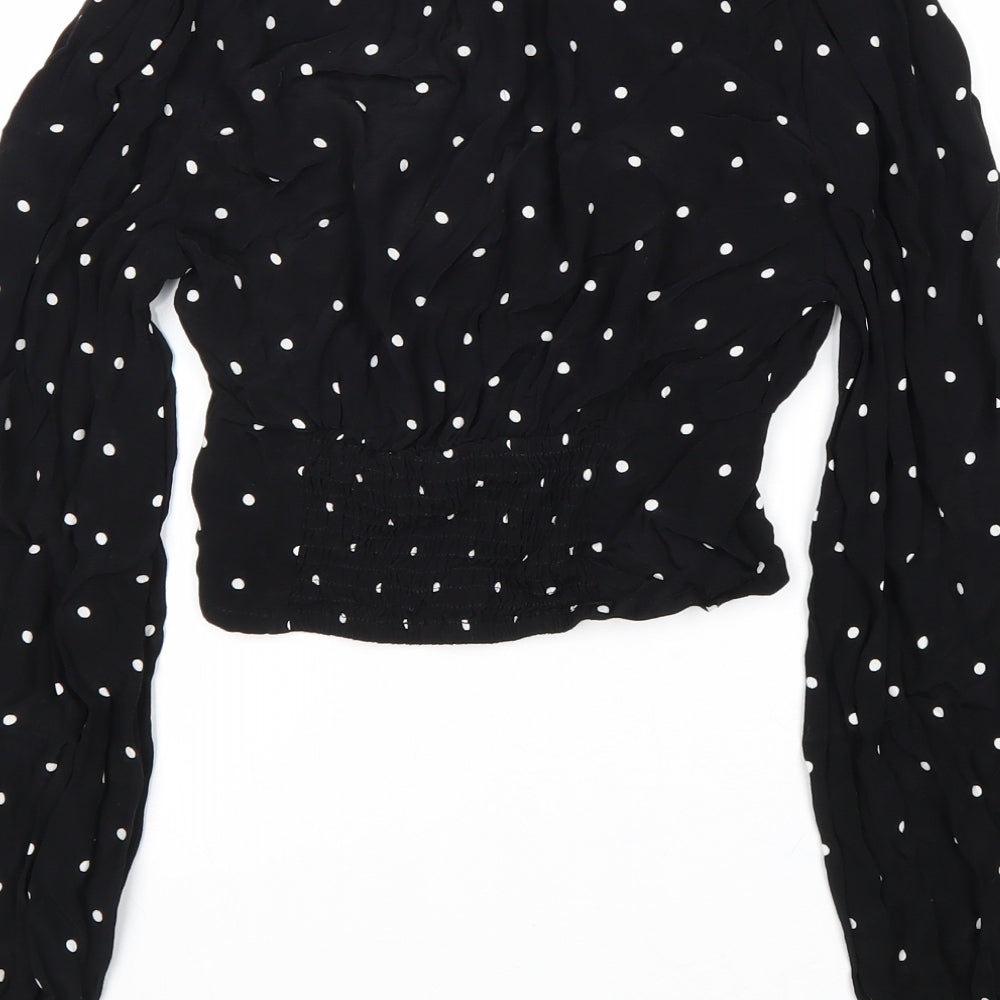 H&M Womens Black Polka Dot Viscose Cropped Blouse Size 4 V-Neck
