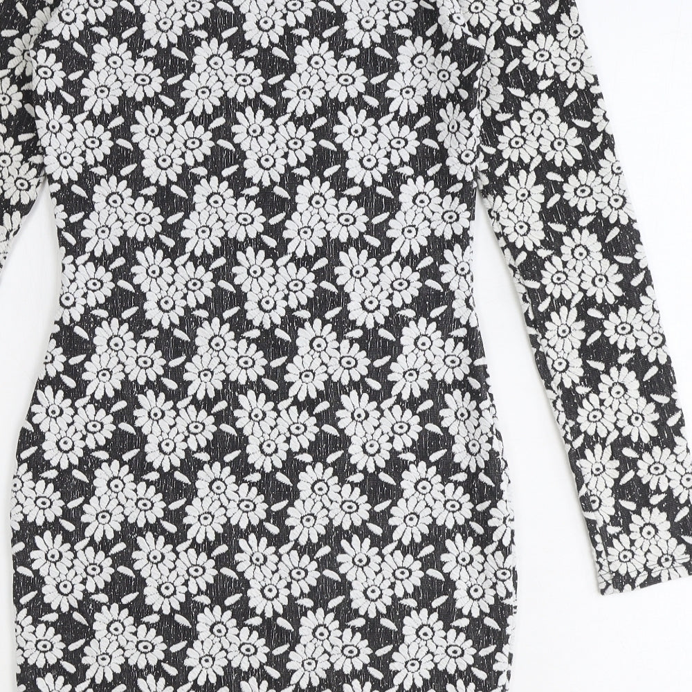 River Island Womens Black Floral Polyester Bodycon Size 10 Boat Neck Pullover
