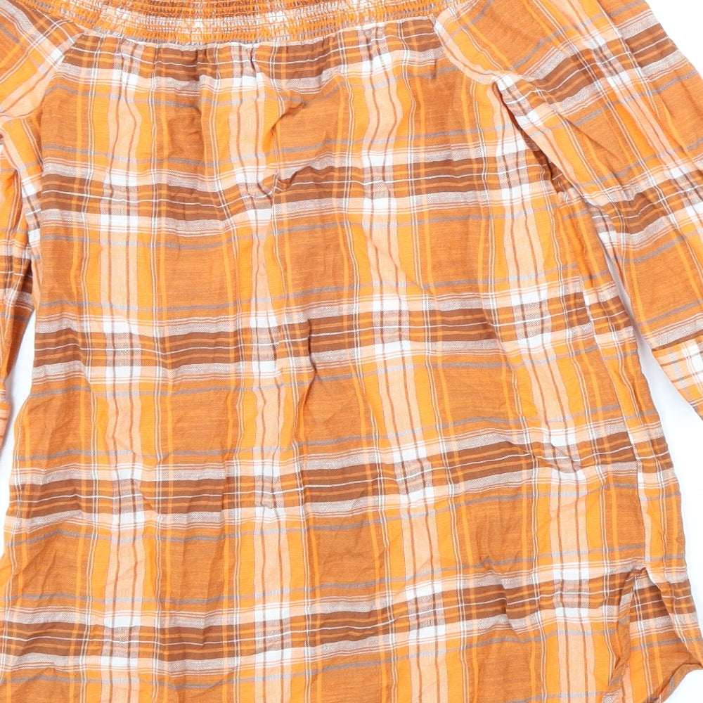 NEXT Womens Orange Plaid Cotton Basic Blouse Size 10 Boat Neck