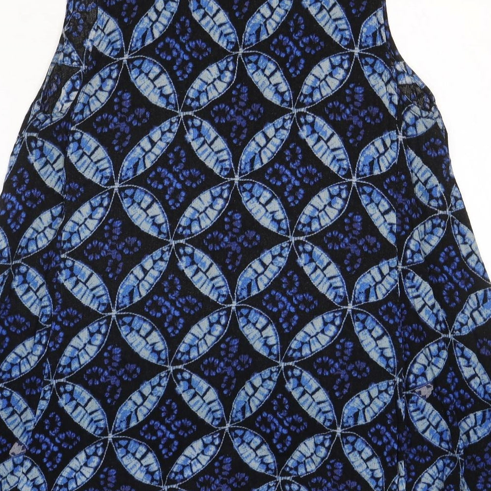 Preworn Womens Blue Geometric Rayon Trapeze & Swing Size S V-Neck Button