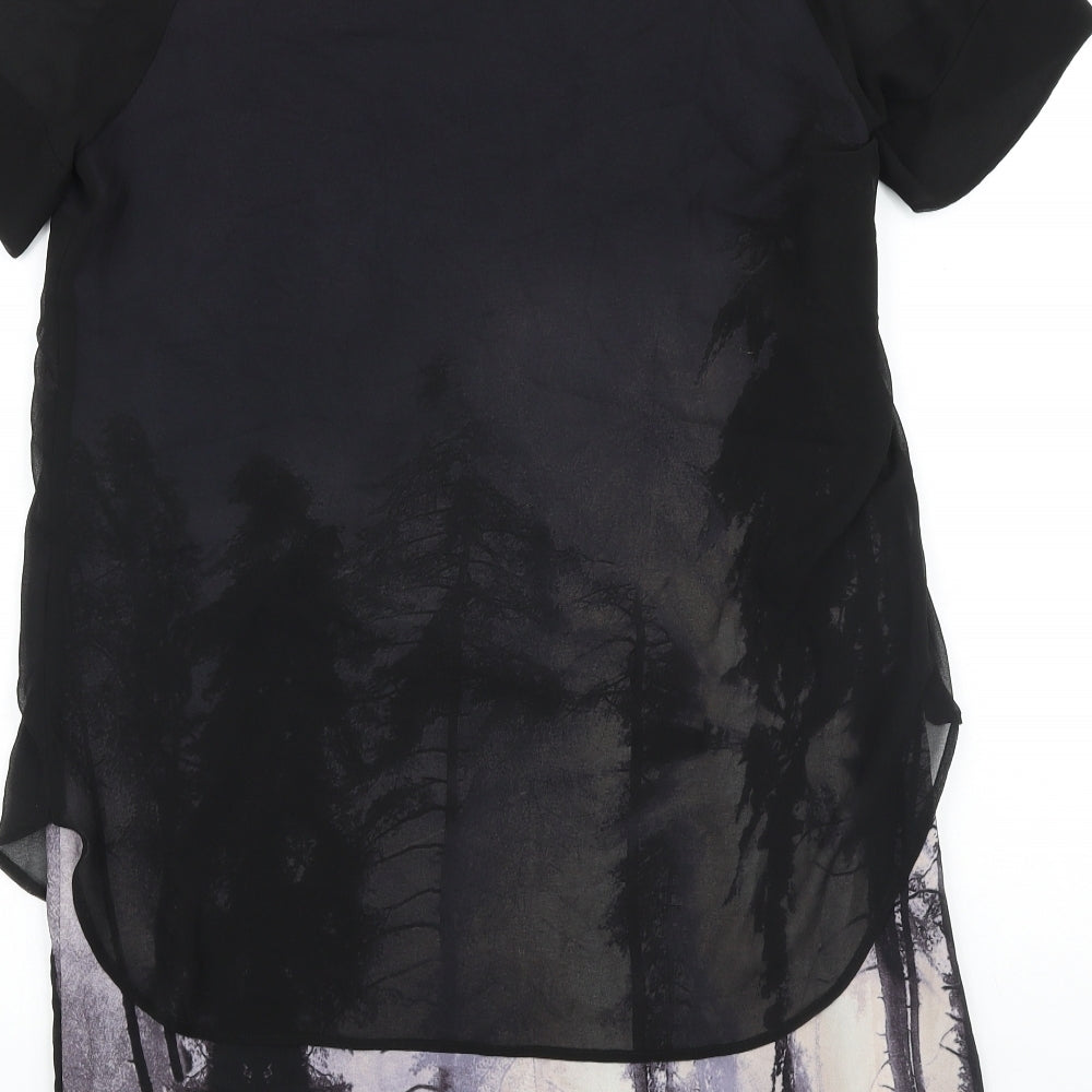 Juniper Womens Black Geometric Polyester Shift Size 12 Scoop Neck Button - Chiffon Overlay Forrest Print