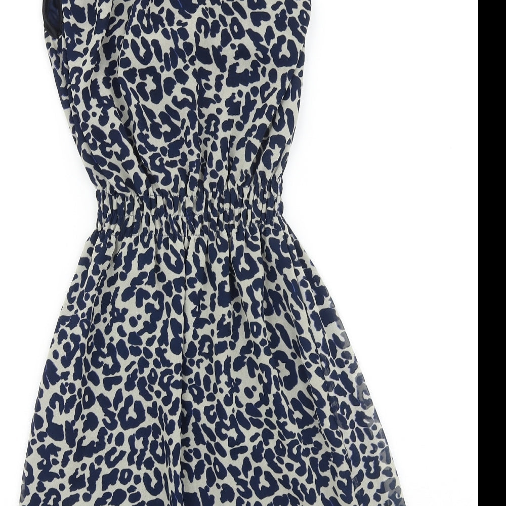 Glamorous Womens Blue Animal Print Polyester Fit & Flare Size 8 Scoop Neck Pullover - Leopard Print