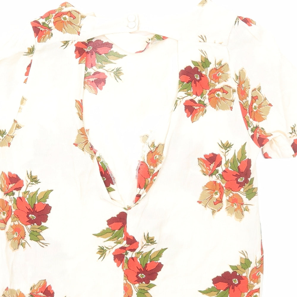 Topshop Womens Ivory Floral Viscose Basic Blouse Size 6 Round Neck - Open Back