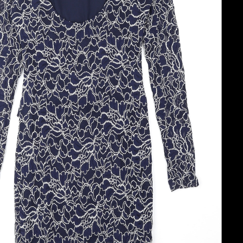 Lipsy Womens Blue Floral Nylon Bodycon Size 10 Boat Neck Pullover