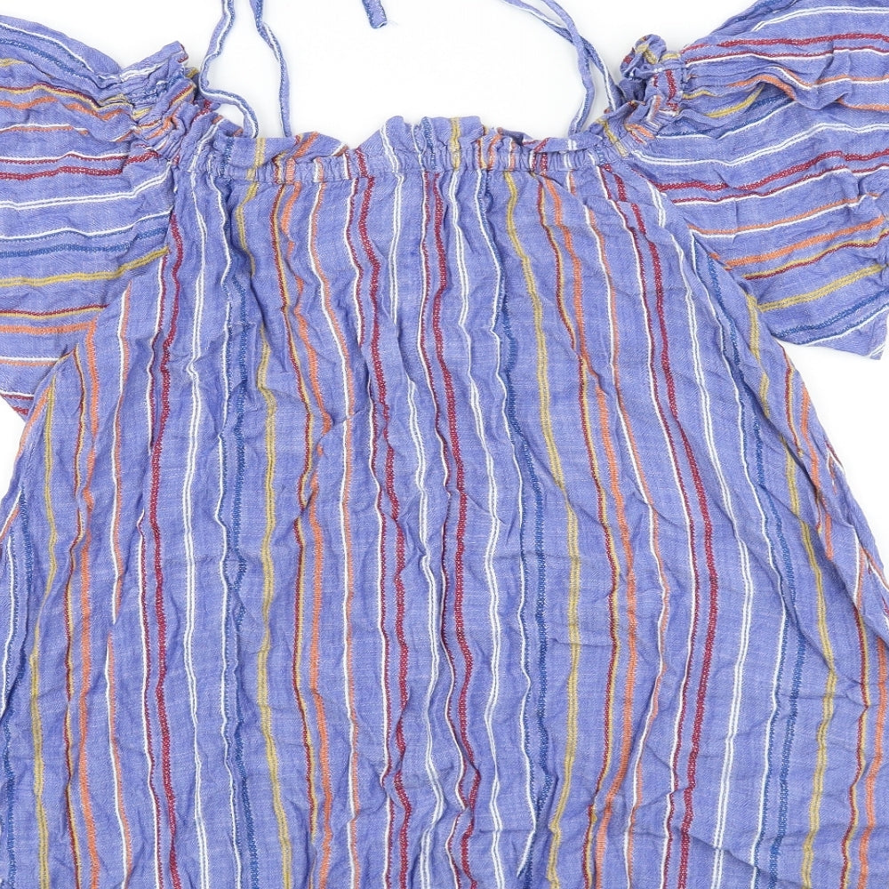 River Island Womens Blue Striped 100% Cotton Basic Blouse Size M Boat Neck