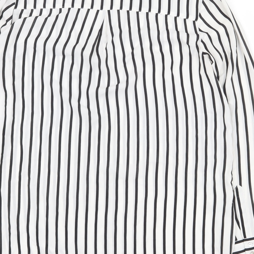 H&M Womens White Striped Polyester Basic Button-Up Size 10 V-Neck