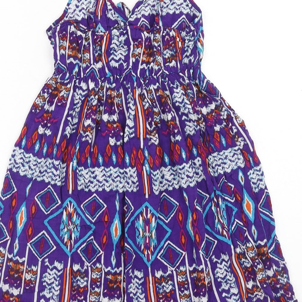 Dunnes Womens Purple Geometric Viscose Skater Dress Size 8 V-Neck Pullover