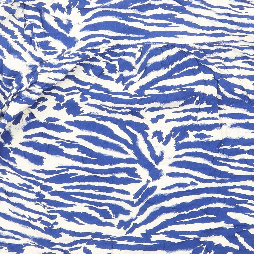 Marks & Spencer Womens Blue Animal Print Viscose Basic Blouse Size 6 Round Neck - Tiger Print