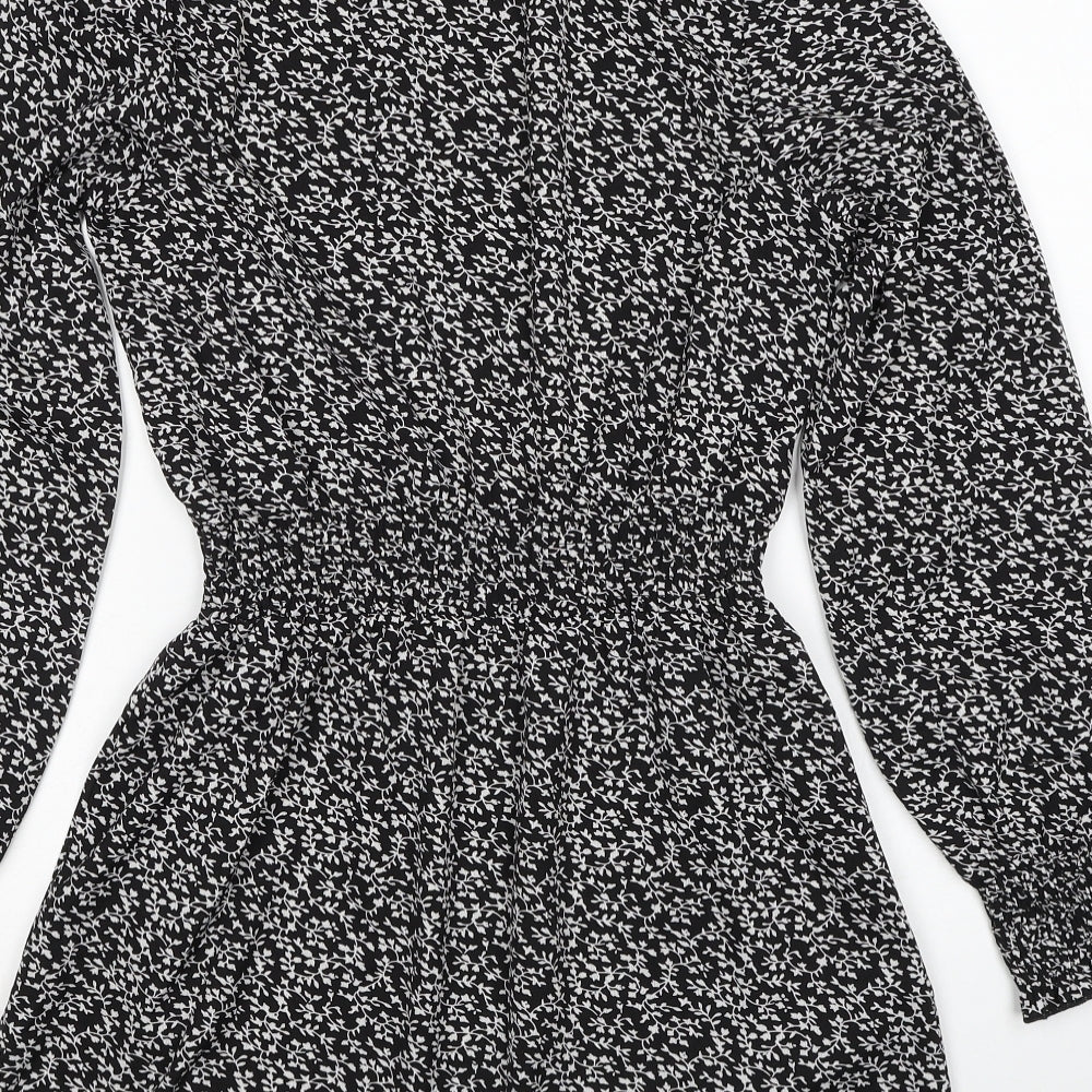 New Look Womens Black Floral Polyester Fit & Flare Size 6 Mock Neck Pullover - Shirred Waist