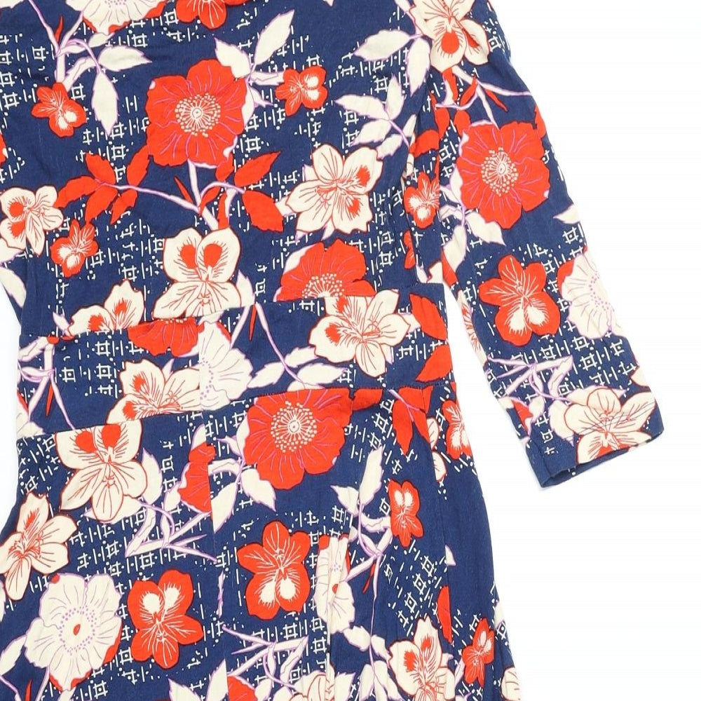 ASOS Womens Blue Floral Polyester Fit & Flare Size 10 V-Neck Pullover - Wrap Front