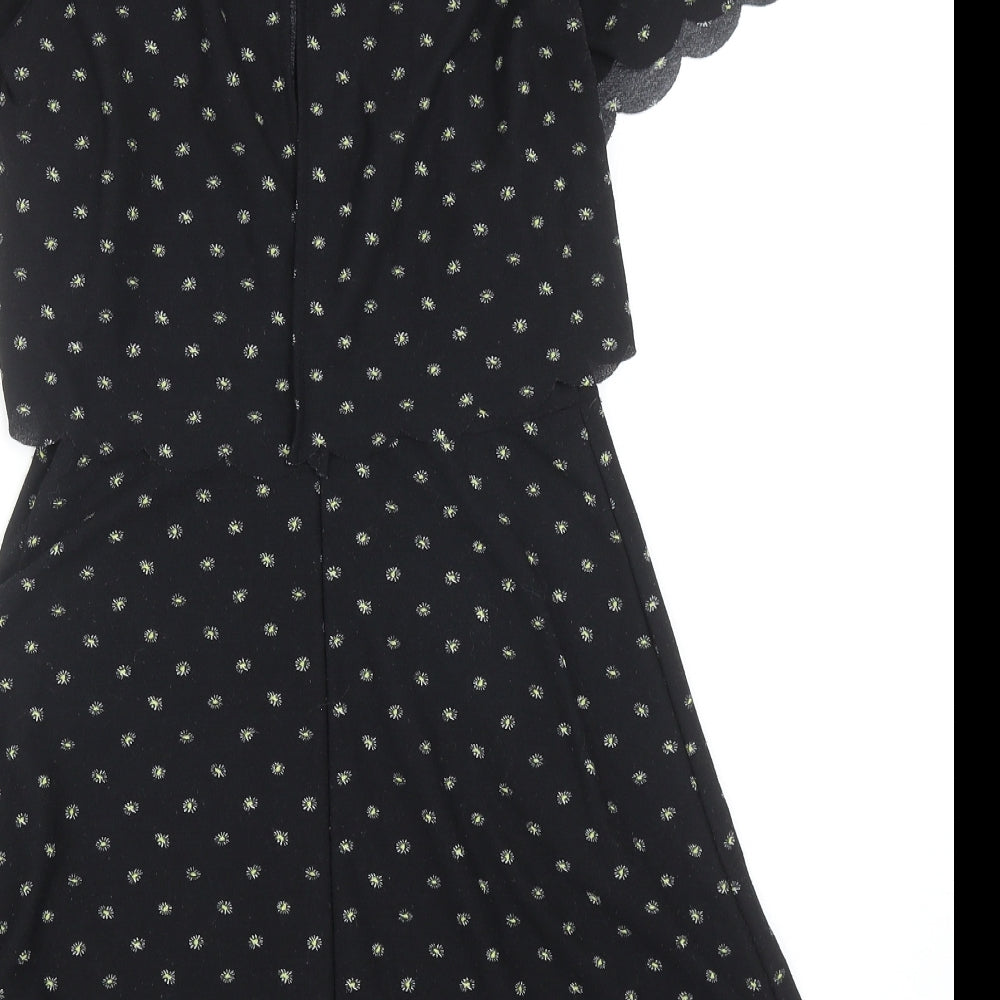Topshop Womens Black Floral Polyester Fit & Flare Size 6 Round Neck Pullover