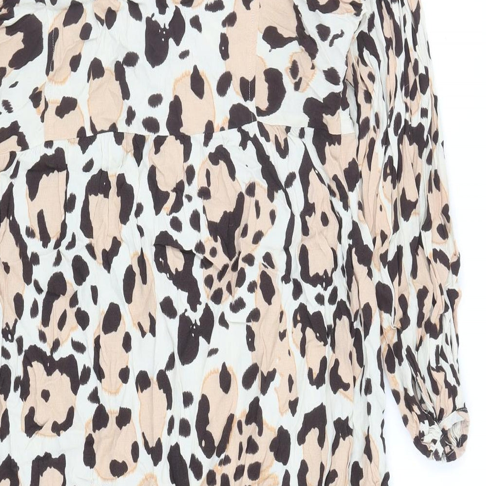 Marks & Spencer Womens Brown Animal Print Viscose A-Line Size 12 Boat Neck Button