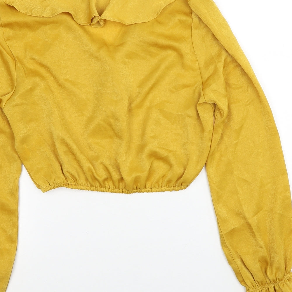 PRETTYLITTLETHING Womens Yellow Polyester Cropped Blouse Size 8 V-Neck - Elastic Hem