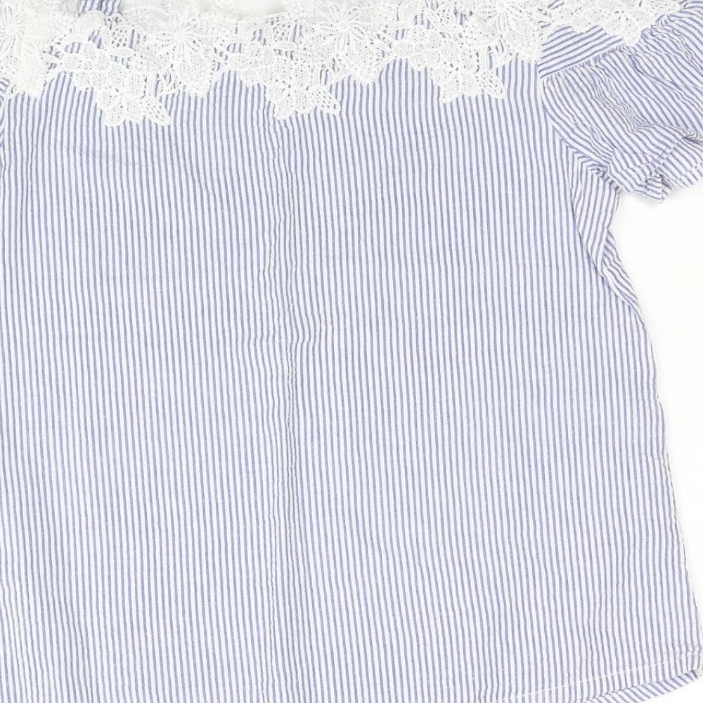 New Look Womens Blue Striped Cotton Basic Blouse Size 6 Square Neck - Cold Shoulder