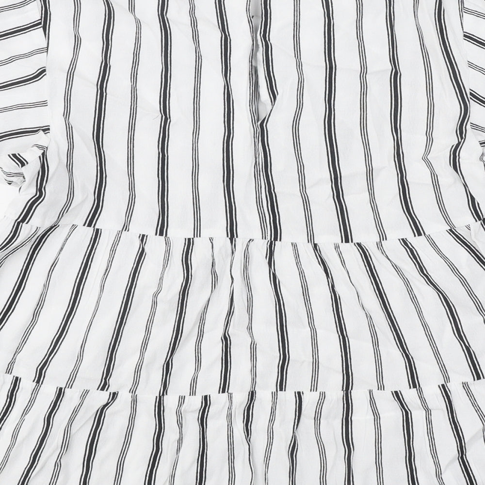 Warehouse Womens White Striped Polyester Basic Blouse Size 12 Round Neck
