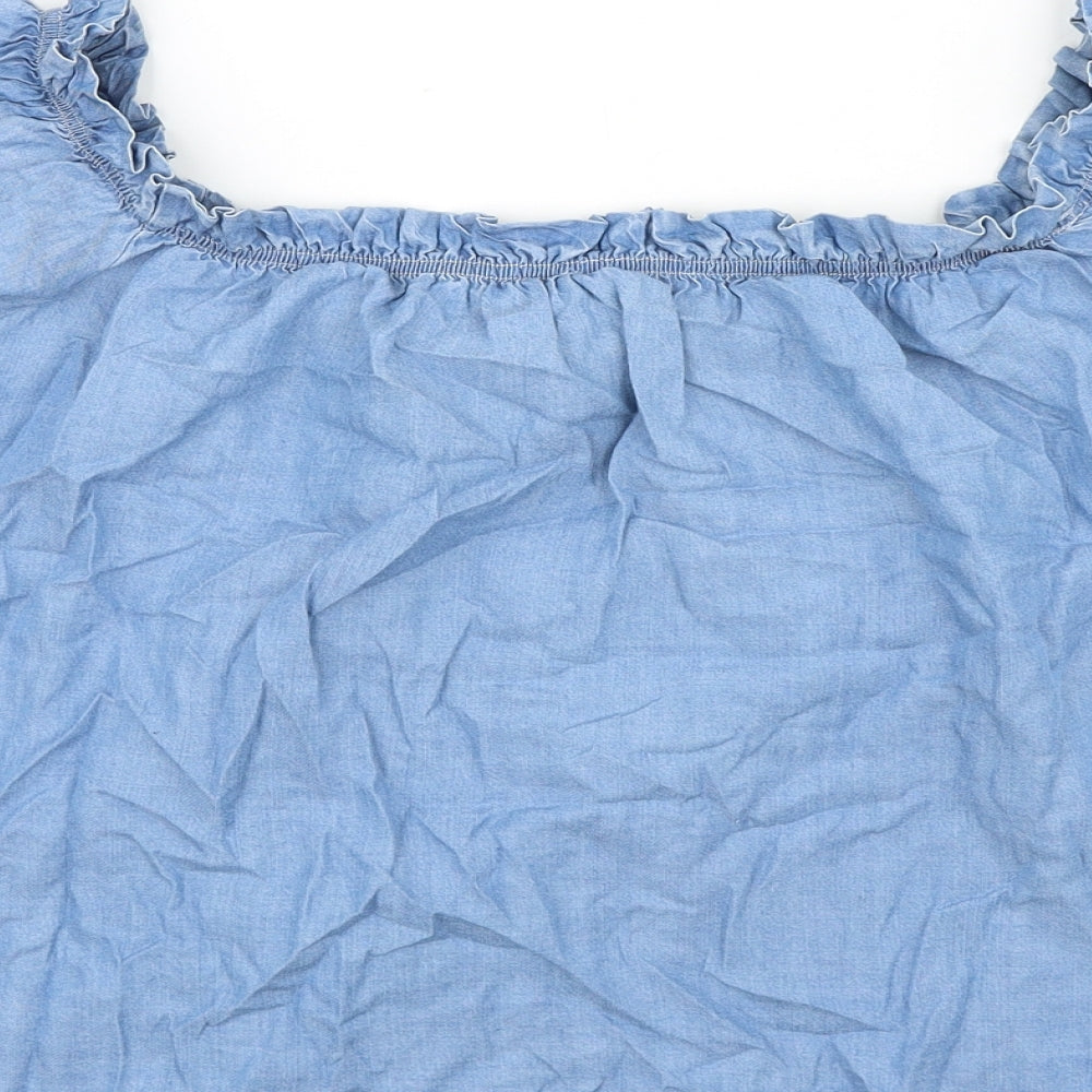 New Look Womens Blue Geometric Lyocell Basic Blouse Size 10 Square Neck